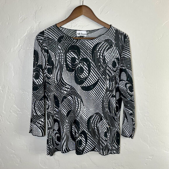 Vintage All Hours Size Small Top - 80s 90s Black White Sequined Graphic - Picture 2 of 9
